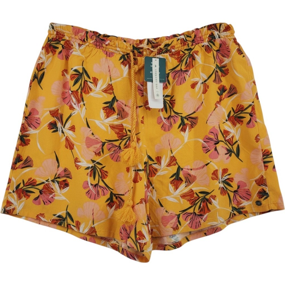 Roxy Floral Shorts Womens Large Yellow Tassel Drawstring Viscose Beachy Summer